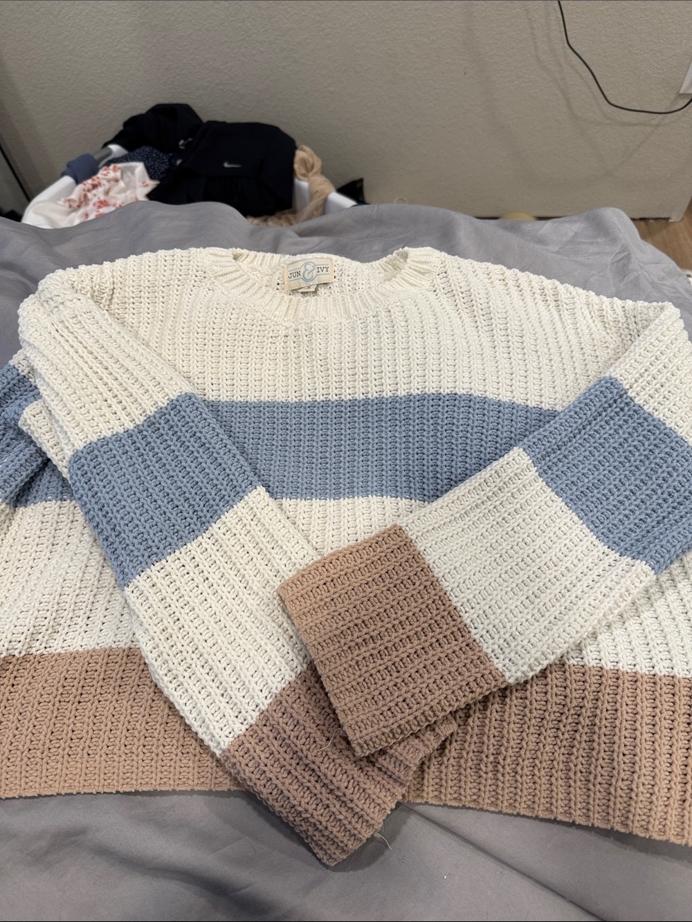 Francesca's Collections Cream, Blue & Tan Striped Knit Sweater